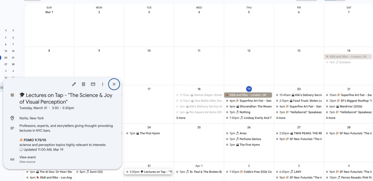 Google Calendar populated with FOMO-scored events