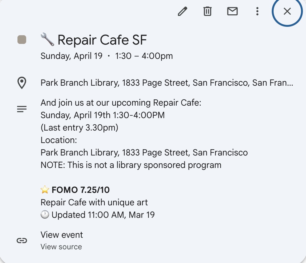 Event detail showing FOMO score and reason