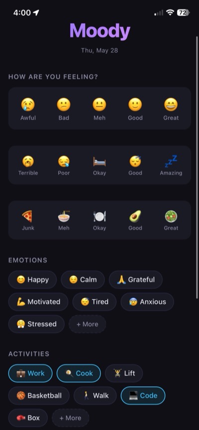 Moody — A 30-second daily mood journal that lives on your phone