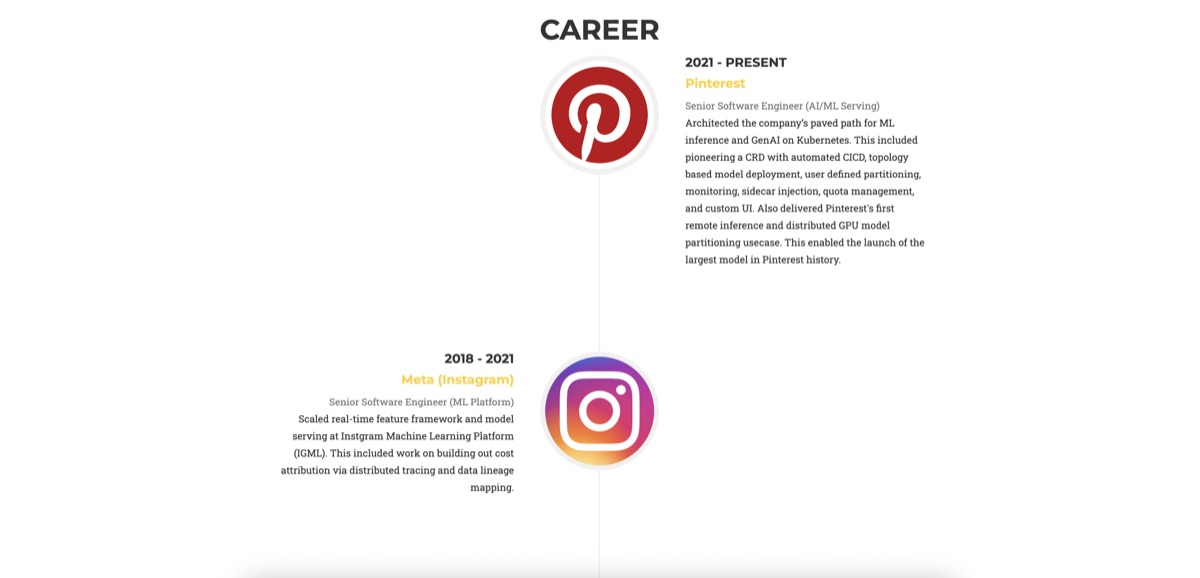 Old career timeline with centered layout and large logos